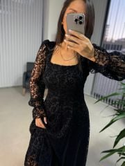 My 3626 Flok Baskılı Kare Yaka Elbise