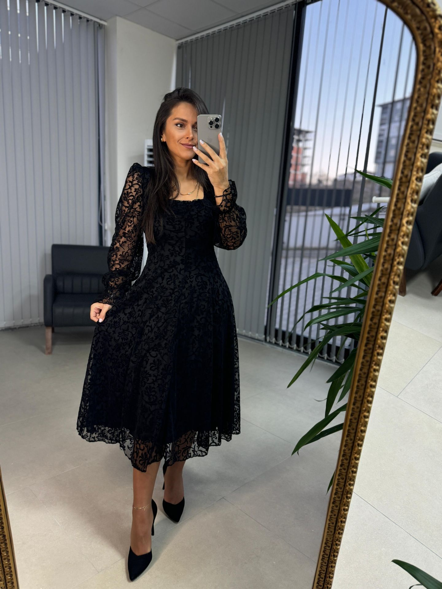 My 3626 Flock Printed Square Neck Dress