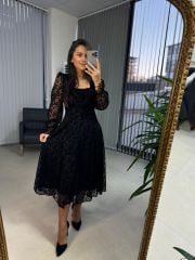 My 3626 Flok Baskılı Kare Yaka Elbise