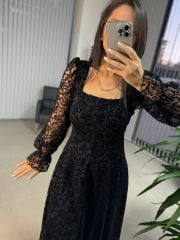 My 3626 Flok Baskılı Kare Yaka Elbise