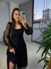 My 3626 Flok Baskılı Kare Yaka Elbise