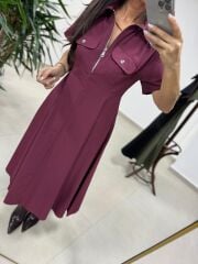 Ms 165 Mürdüm Poplin Cep Detaylı Elbise