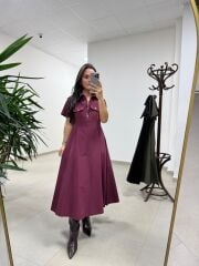 Ms 165 Mürdüm Poplin Cep Detaylı Elbise