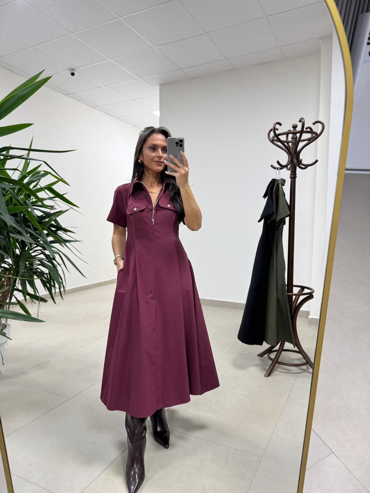 Ms 165 Mürdüm Poplin Cep Detaylı Elbise