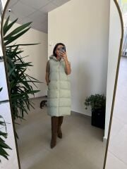 Bd Kapüşonlu Mint Yeşili Uzun Şişme Yelek