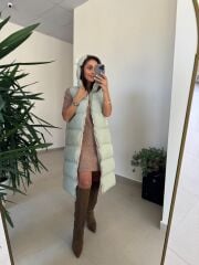 Bd Kapüşonlu Mint Yeşili Uzun Şişme Yelek