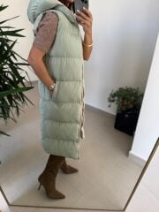 Bd Kapüşonlu Mint Yeşili Uzun Şişme Yelek