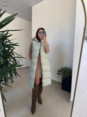 Bd Kapüşonlu Mint Yeşili Uzun Şişme Yelek