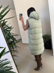 Bd Kapüşonlu Mint Yeşili Uzun Şişme Yelek