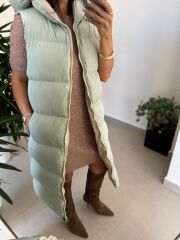 Bd Kapüşonlu Mint Yeşili Uzun Şişme Yelek