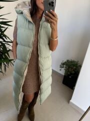 Bd Kapüşonlu Mint Yeşili Uzun Şişme Yelek