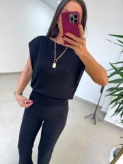 Po 2878 Oversize Dökümlü İnce Triko Siyah Bluz