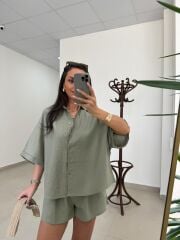 Fp 51036 Premium Pamuk Keten Kemerli Çağla Yeşili Takım