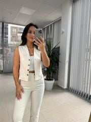 Cr 4014 Gabardin Yelekli Ekru Takım