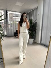 Cr 4014 Gabardin Yelekli Ekru Takım