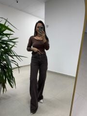 Spt 488 A. Kahve Yıkamalı Palazzo Pantolon