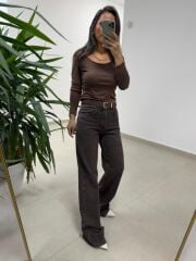 Spt 488 A. Kahve Yıkamalı Palazzo Pantolon