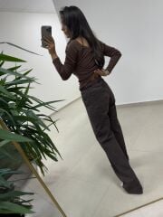 Spt 488 A. Kahve Yıkamalı Palazzo Pantolon