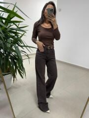 Spt 488 A. Kahve Yıkamalı Palazzo Pantolon