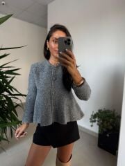 Dv 60985 Peplum Düğmeli Triko Gri Ceket Hırka