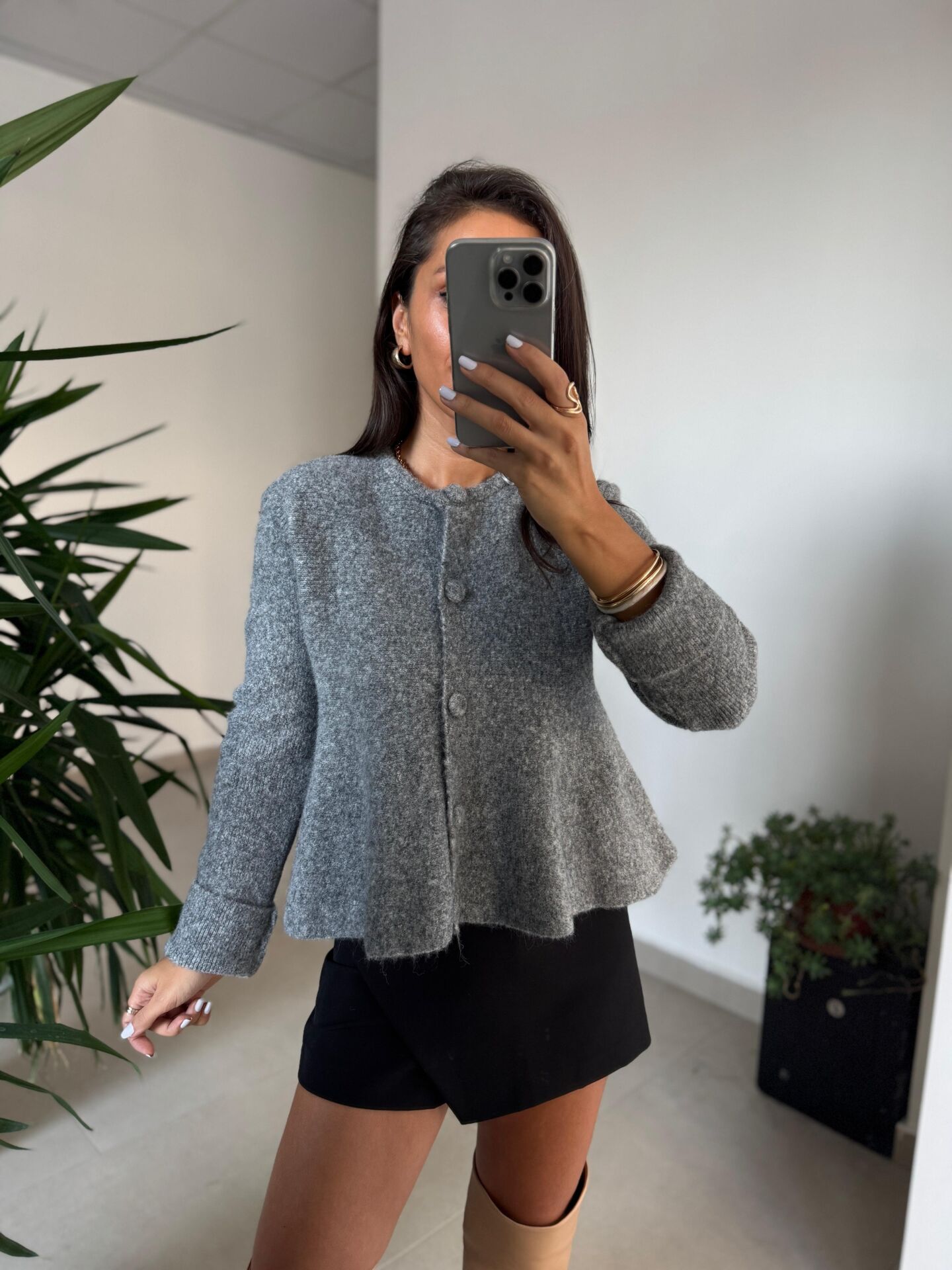 Dv 60985 Peplum Düğmeli Triko Gri Ceket Hırka