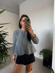 Dv 60985 Peplum Düğmeli Triko Gri Ceket Hırka