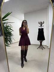 Zr 0140 Pile Detaylı Yelek Görünümlü Bordo Elbise