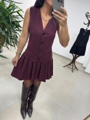 Zr 0140 Pile Detaylı Yelek Görünümlü Bordo Elbise