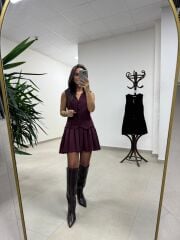 Bh Zr 0140 Pile Detaylı Yelek Görünümlü Bordo Elbise