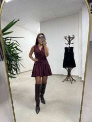 Bh Zr 0140 Pile Detaylı Yelek Görünümlü Bordo Elbise