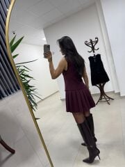 Bh Zr 0140 Pile Detaylı Yelek Görünümlü Bordo Elbise