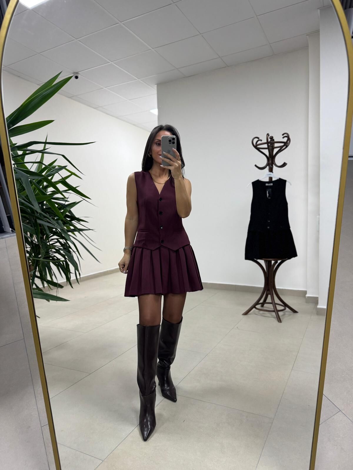 Zr 0140 Pile Detaylı Yelek Görünümlü Bordo Elbise