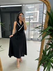 Ms Keten Beyaz Biye Geçişli Siyah Elbise