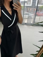 Ms Keten Beyaz Biye Geçişli Siyah Elbise