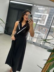 Ms Keten Beyaz Biye Geçişli Siyah Elbise