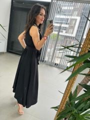 Ms Keten Beyaz Biye Geçişli Siyah Elbise