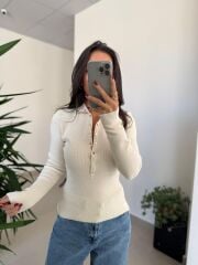 Dv 10686 Dik Yaka Çıt Çıtlı Ekru Triko