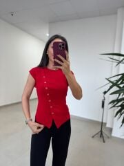 Po 2745 Elit İplik Çapraz Düğmeli T Kol Kırmızı Triko
