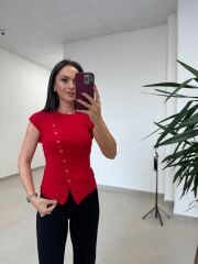 Po 2745 Elit İplik Çapraz Düğmeli T Kol Kırmızı Triko