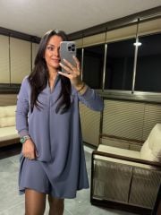 Ms Fermuar Yakalı Crep Antrasit  Elbise