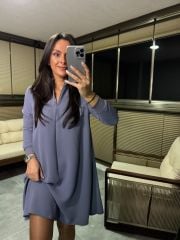 Ms Fermuar Yakalı Crep Antrasit  Elbise