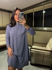 Ms Fermuar Yakalı Crep Antrasit  Elbise