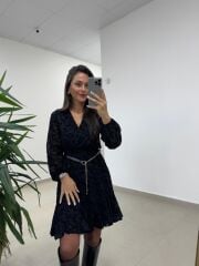 Mc 5586 Siyah Floklu Kruvaze Elbise