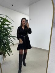 Mc 5586 Siyah Floklu Kruvaze Elbise