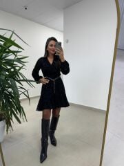 Mc 5586 Siyah Floklu Kruvaze Elbise