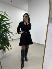 Mc 5586 Siyah Floklu Kruvaze Elbise