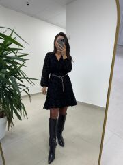 Mc 5586 Siyah Floklu Kruvaze Elbise