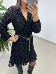 Mc 5586 Siyah Floklu Kruvaze Elbise
