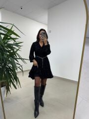 Mc 5586 Siyah Floklu Kruvaze Elbise