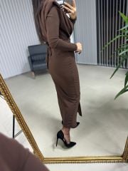 My 3587 Gold Kare Tokalı Kahve Kalem Elbise